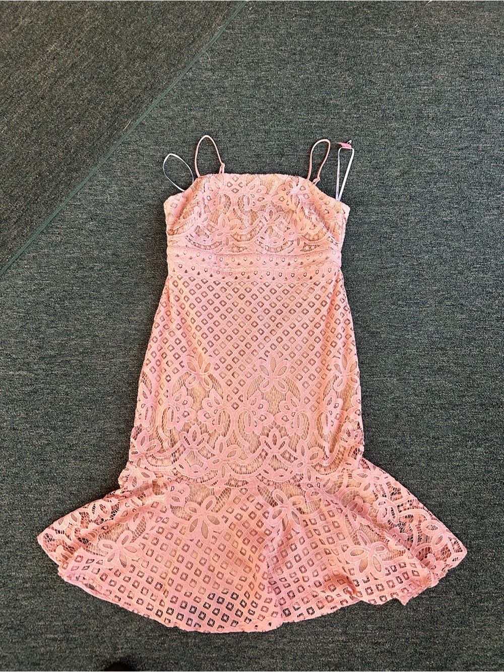 Lulu's Pink Lace Midi Dress with Spaghetti Straps